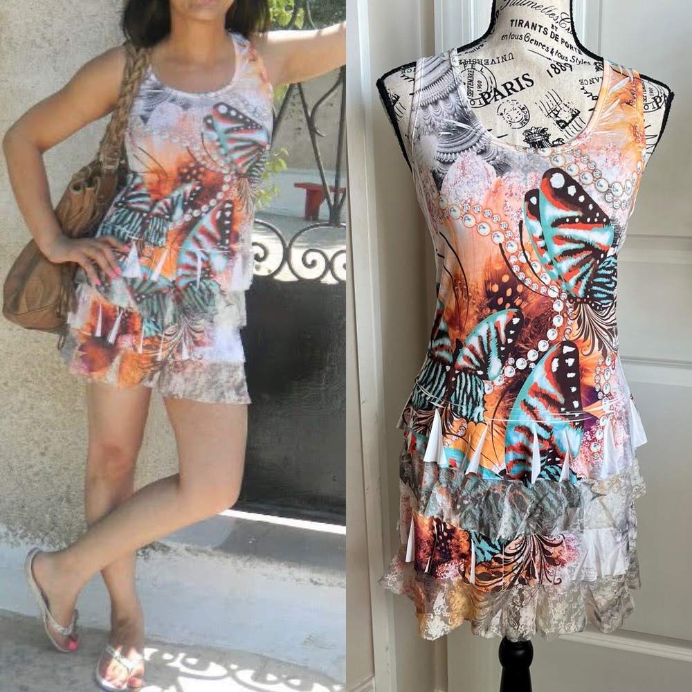 Voll Sleeveless Butterfly Abstract Print Ruffle Tier Dress Orange Sz L